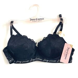 JUICY COUTURE Sexy Lace Push Up Bra SIZE 34B Black Logo Band Padded NWT
